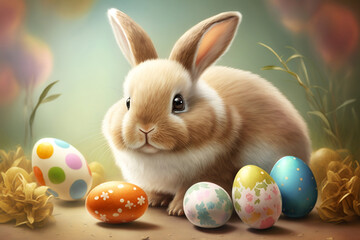 Cute Happy Easter Bunny With Colourful Easter Eggs, Easter Day, Generative Ai