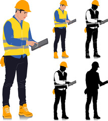 Construction worker holding tablet wearing helmet and vest. Different color options. Worker silhouette. Hand-drawn vector illustration isolated on white. Full length view	