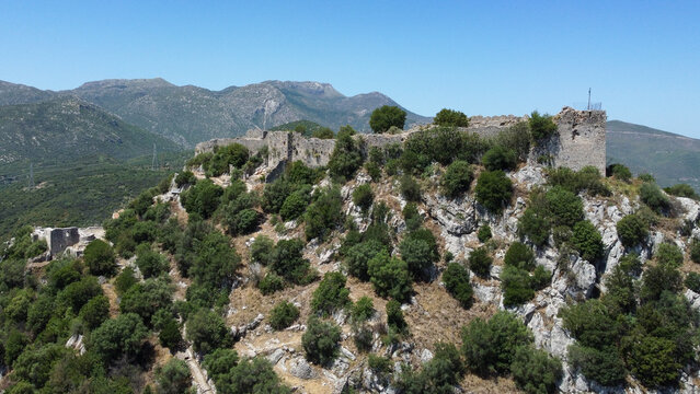 Castle on top of the mountain: Karitena Castle in historic town of Karitena on Peloponnes in Greece. Small village in the Highlands of Arcadia