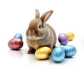 Fototapeta na wymiar Easter bunny with eggs isolated on white background. Generative AI