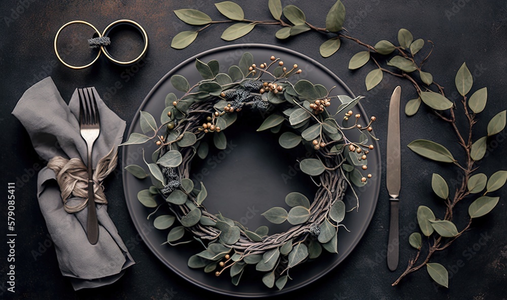 Poster a plate with a wreath, fork and knife on it next to a pair of scissors and a napkin on a table with 