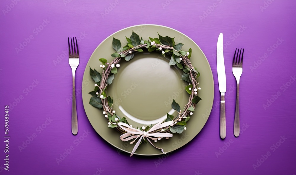 Poster a plate with a wreath on it next to a fork and knife on a purple surface with a white plate and silv