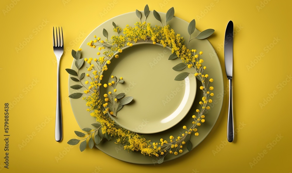Poster a plate with yellow flowers on it next to a fork and knife on a yellow background with a yellow bord