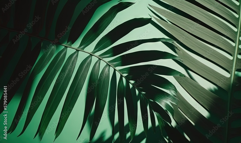 Poster a palm leaf is shown against a green background with a shadow of leaves on the left side of the imag