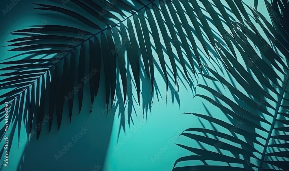 Poster a shadow of a palm tree leaves on a blue background with a shadow of a palm tree leaves on a blue ba