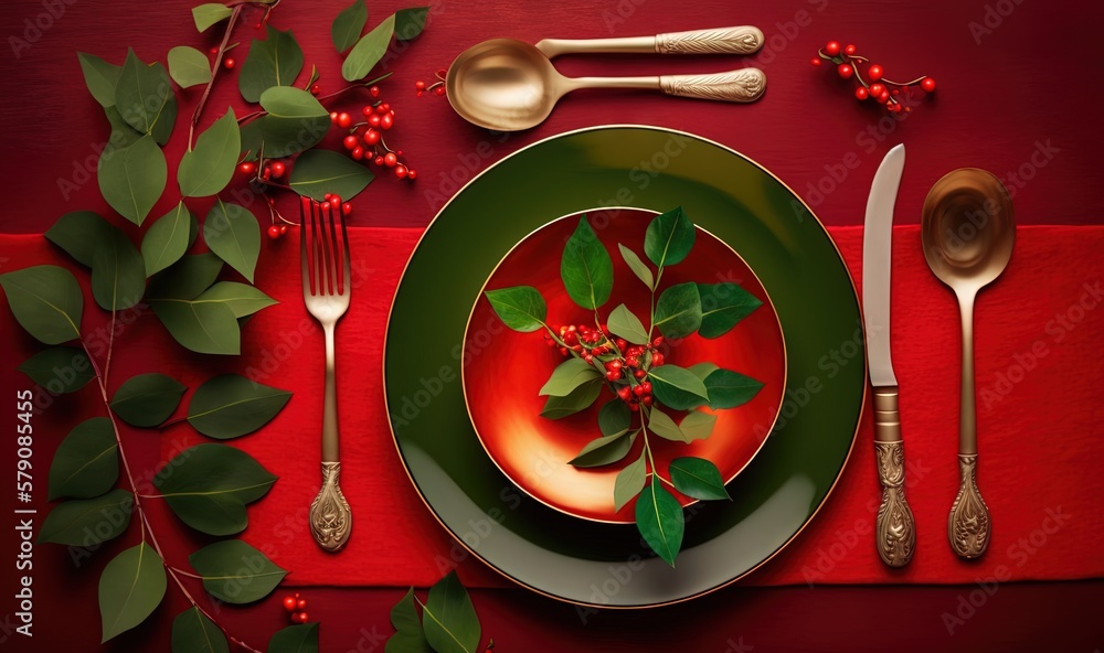 Aufkleber a place setting with a red table cloth and green plates and silverware and a red table cloth with a 