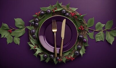 a purple plate topped with holly leaves and a knife and fork next to a purple plate with holly leaves and berries on it and a purple background.  generative ai