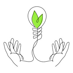 Obraz premium Hands hold slight bulb with leaves,one line art,hand drawn continuous contour.Green energy idea concept.Sign of environmental friendliness.Decoration for banners, posters.Editable stroke.Isolated