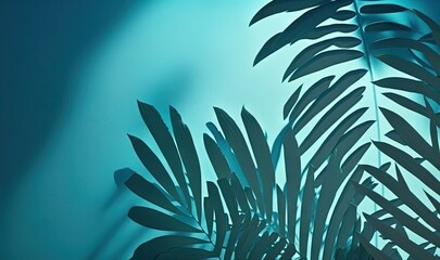 a shadow of a plant on a blue wall with a blue wall in the background and a shadow of a plant on the wall with a blue wall in the foreground.  generative ai