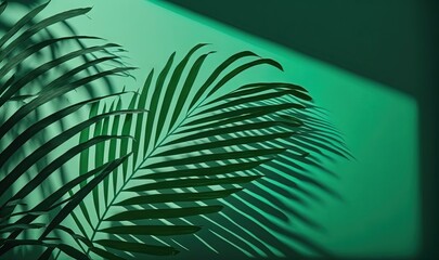  a palm leaf casts a shadow on a green wall with a shadow of a palm tree on the right side of the image, and a green wall behind it is a shadow of a.  generative ai