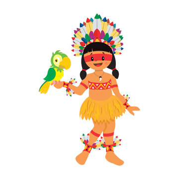 Native indigenous girl and parrot illustration
