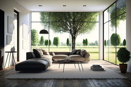 The sun shines into the bright living room, and there are grass and trees outside the window. AI technology generated image