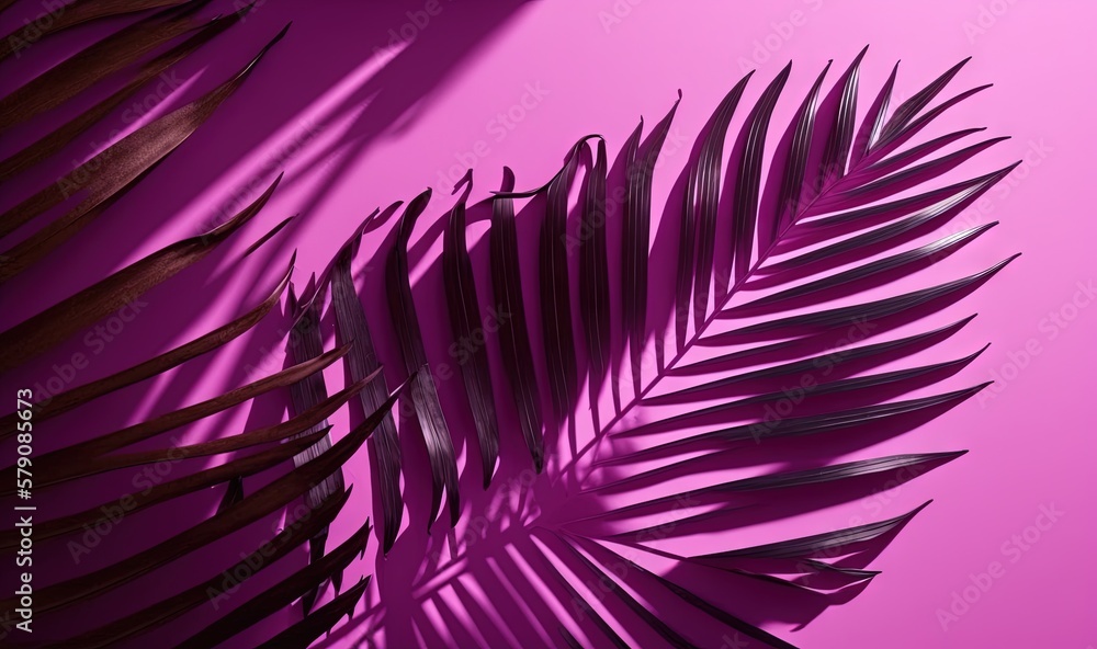 Poster a close up of a palm leaf on a pink background with a shadow of a palm leaf on the left side of the 