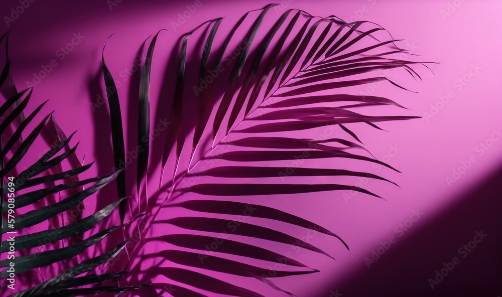 Poster a palm leaf casts a shadow on a pink wall with a shadow of a palm tree on the right side of the imag