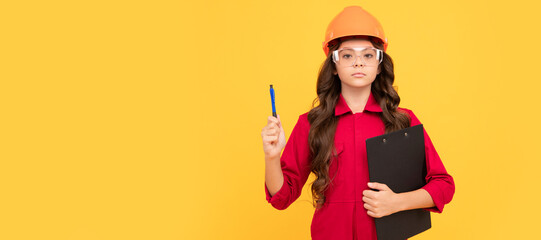 time for check. sight check. teen girl in protective glasses. child wear eyeglasses and helmet. Child builder in helmet horizontal poster design. Banner header, copy space.