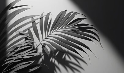  a palm leaf casts a shadow on the wall of a room with a light coming through it and a shadow cast on the wall behind it.  generative ai