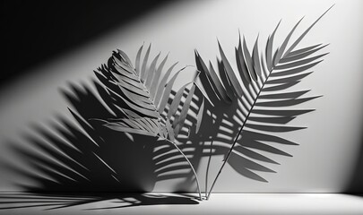  a shadow of a palm leaf on a white wall with a light coming through it and a shadow of a palm leaf on the wall.  generative ai