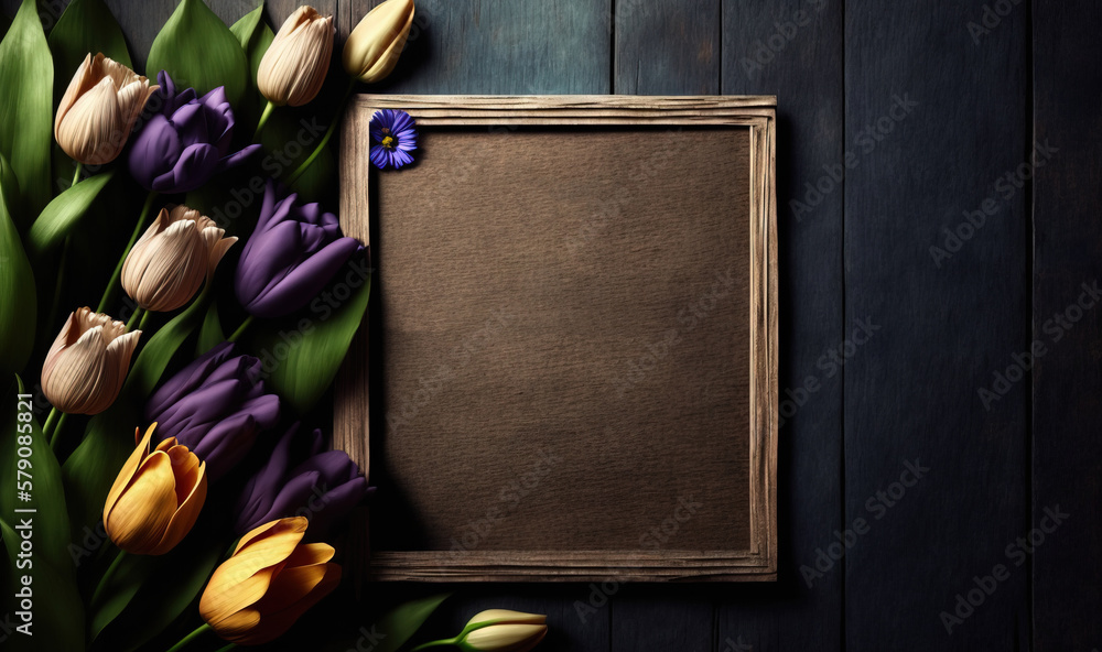 Poster a picture frame with a bunch of tulips next to it with a name written on the front of it and a bunch