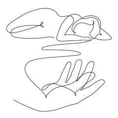 Hand with naked woman one-line art,hand drawn lady figure continuous contour.Palm with fingers holds nude female body,beauty industry concept,minimalist template design.Editable stroke.Isolated.Vector