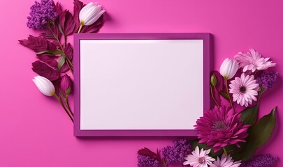  a purple frame with flowers on a pink background with space for a message or a greeting card with a place for a photo or text.  generative ai