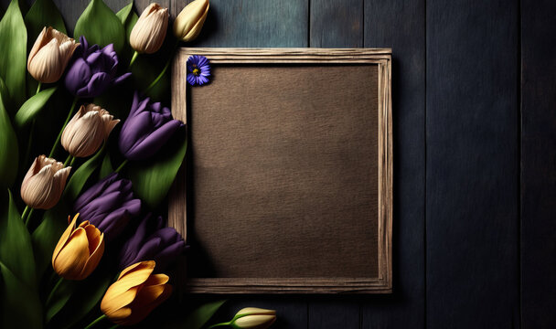  a picture frame with a bunch of tulips next to it with a name written on the front of it and a bunch of flowers in front.  generative ai