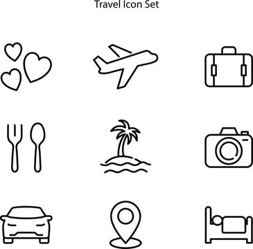 travel icon set include image like heart, airplane, eating, cutlery, tree, beach, camera , taxi car, location pin, sleep icon. icon pack isolated on white background. 