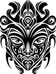 Vector sketch of Polynesian mask in black and white as a tattoo