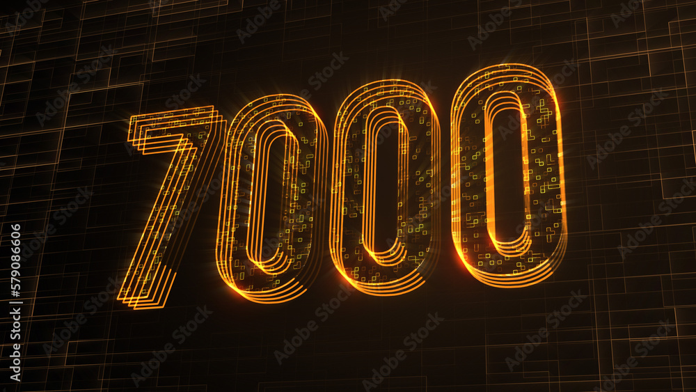 Poster futuristic golden 3d perspective view 7000 number text lines with square dots fractal digital techno