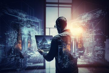 engineering and technologies, man programmer, software developer working on digital tablet and smart city with binary, html code on screen, software development, IoT concept by Generative AI