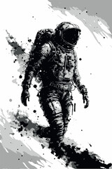 Astronaut artwork. Ink drawing of man going to space. Vector art of retro vintage character. Black and white illustration of cosmonaut sketch. Man or woman on the moon. Lost in space. Science design.