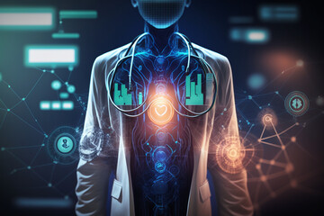 The doctor body with stethoscope and medical technology network, iOT concept, html code computer on background by Generative AI