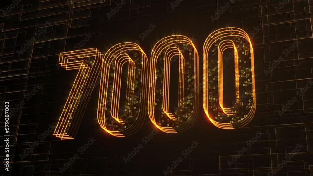 Poster futuristic golden 3d perspective motion view 7000 number text lines with square dots fractal digital