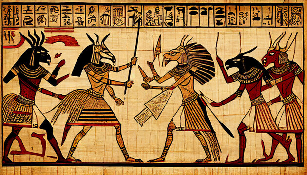 Papyrus depicting Egyptian gods fighting in the style of Hunefe