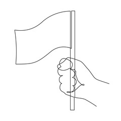Hand holds flag one-line art, hand drawn continuous contour. National patriotic sign for Independence day, drawing single line style, minimalist design. Editable stroke. Isolated. Vector illustration