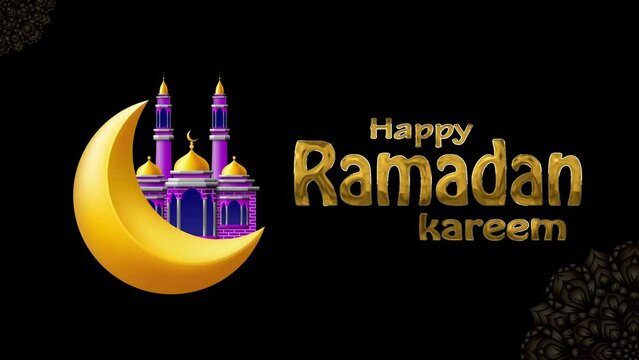 ramadan kareem animation. with ornament, crescent moon, mosque and mandala, animated happy ramadan kareem typography with gold texture. isolated on black background. Islamic celebration greeting video