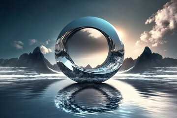 Escape into a world of serenity with this minimalist yet magical background, featuring a fantastic seascape with a polished chrome ring and silver ball. Against the plain gradient sky Generative AI