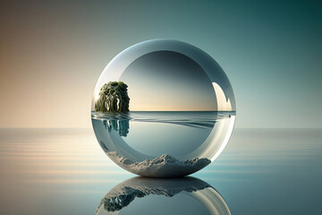 Enter a world of fantasy with this breathtaking abstract minimalist background featuring a futuristic seascape. The polished chrome ring and silver ball complement the calm water Generative AI