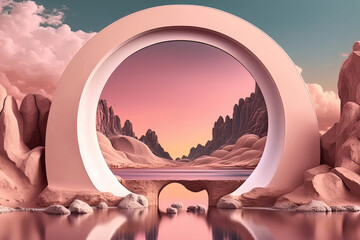 A mesmerizing panoramic view of a surreal landscape, featuring water, rocks, a round mirror, and a chrome arch with a neon ring. This modern, minimalist wallpaper is a visual treat! Generative AI