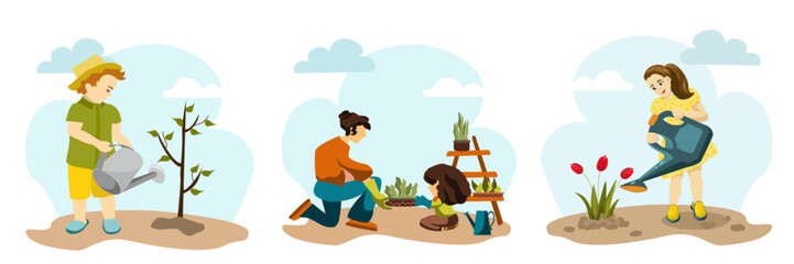 People summer gardening - set of vector flat hand drawn illustrations of children doing garden job - watering, planting, Vector illustration