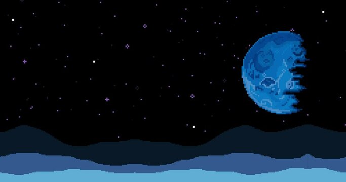 Pixel art of 80s Retro sci-Fi background. Space Night with stars, mountains and planet. Pixel art animation footage. 8bit Loop