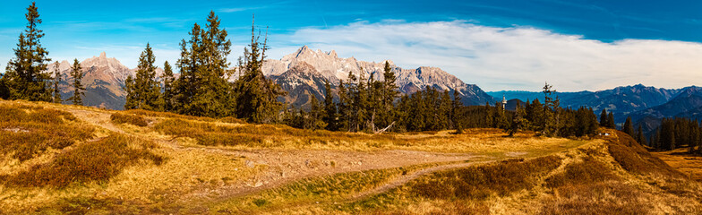 Obraz premium High resolution stitched alpine autumn or indian summmer panorama at Mount Rossbrand, Filzmoos, Salzburg, Austria