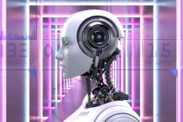 Artistic 3D illustration of a cyborg with artificial intelligence. - 579088263
