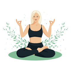Happy girl having great mental health and positive mood. Yoga, meditation, relaxation, rest, healthy lifestyle, zen, harmony concept. Vector illustration