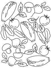 Outline doodle set of vegetables, Coloring page for kids learning