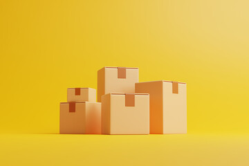 A group of brown cardboard boxes on a yellow background. Side view. The concept of transportation and delivery. 3d render illustration