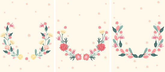 Bright floral wreaths on a pastel background. Blooming colored flowers as a symbol of happiness, joy, love. Spring wreaths are ideal for invitations, cards, banners, weddings. Vector illustration