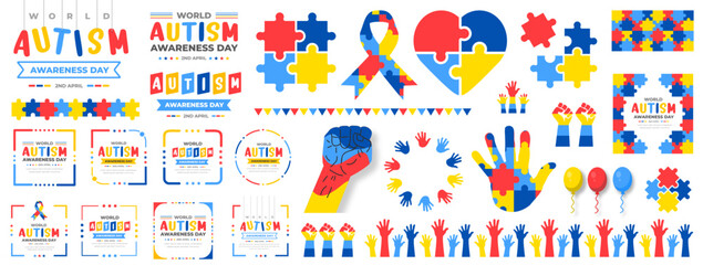 big mega set of World autism awareness day background typography, puzzles head child, heart, hand, balloon, ribbon icon design template set. World autism day colorful text and frame design bundle.  - obrazy, fototapety, plakaty