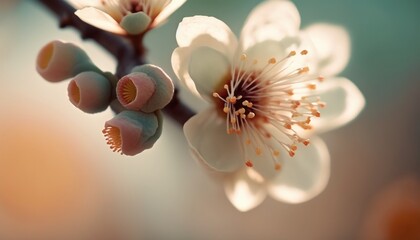close-up Japanese apricot flower, spring flower, an ume flower[blossom]. White colored Japanese ume flowers. Generative Ai.
