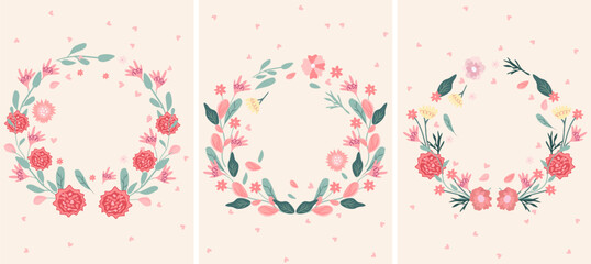 Bright cards with floral wreaths and space for text. Colorful flowers and hearts around. Minimalist compositions are ideal for invitations, postcards, banners, weddings. Vector illustration.