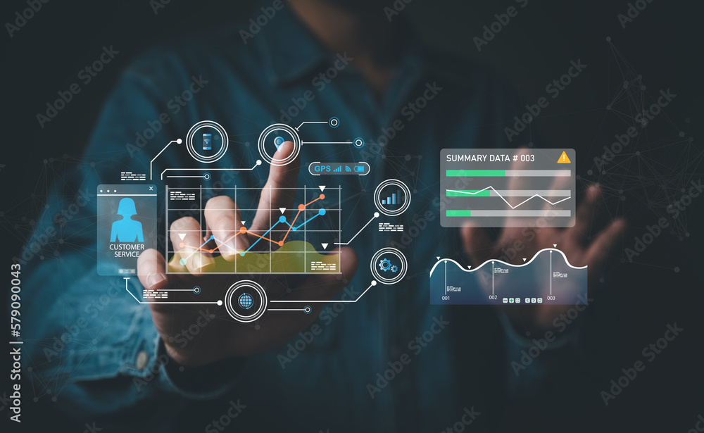 Wall mural young entrepreneur using big data analysis and cloud technology to collect customer data and display